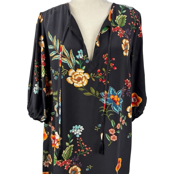 JOHNNY WAS Zorya Printed Floral Silk Mini Dress Black Puff Sleeve Size Medium - Picture 3 of 16